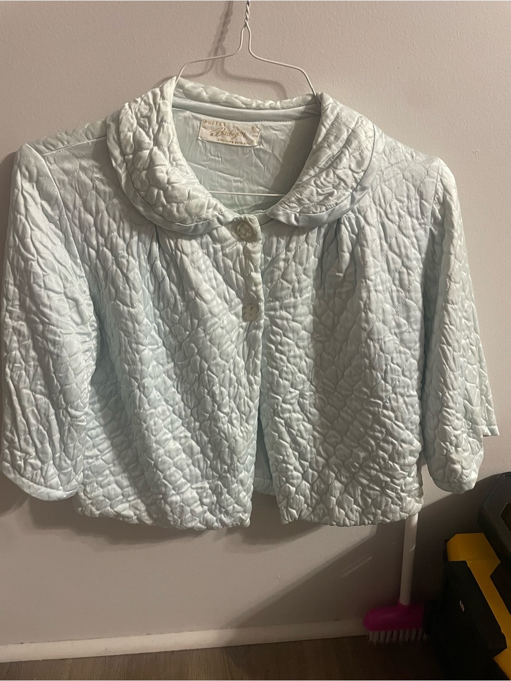Vintage 1950s Barbizon baby blue quilted liquid satin bed jacket